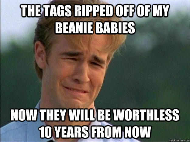 The tags ripped off of my beanie babies now they will be worthless 10 years from now  1990s Problems