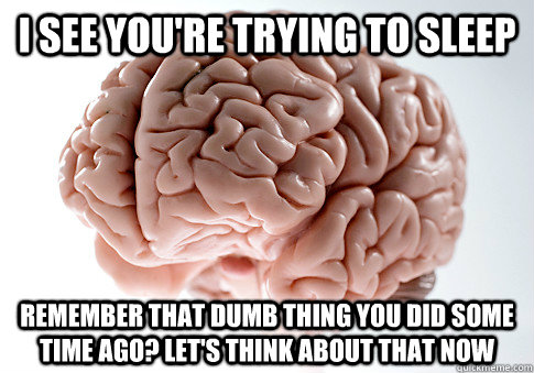 I SEE YOU'RE TRYING TO SLEEP REMEMBER THAT DUMB THING YOU DID SOME TIME AGO? LET'S THINK ABOUT THAT NOW   Scumbag Brain