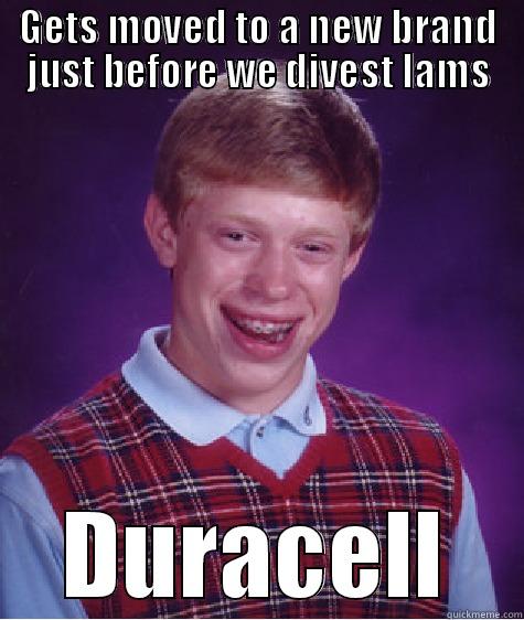 GETS MOVED TO A NEW BRAND JUST BEFORE WE DIVEST IAMS DURACELL Bad Luck Brian