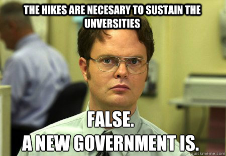 The hikes are necesary to sustain the unversities False.
A new government is.  Schrute