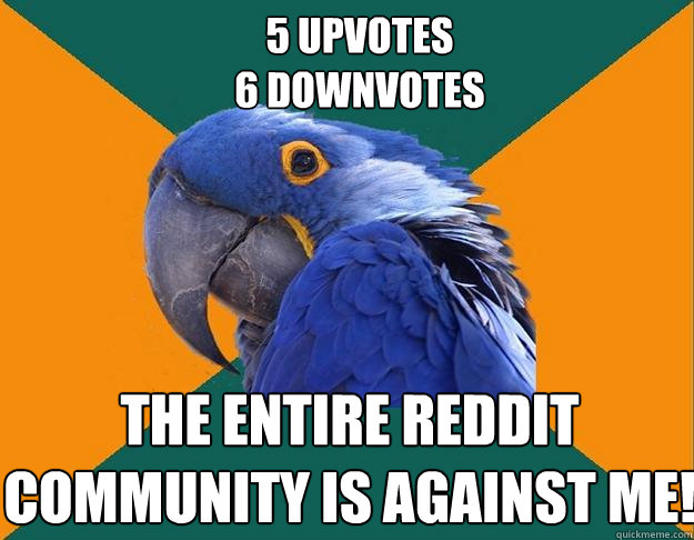 5 UPVOTES
6 downvotes the entire reddit community is against me! - 5 UPVOTES
6 downvotes the entire reddit community is against me!  Paranoid Parrot