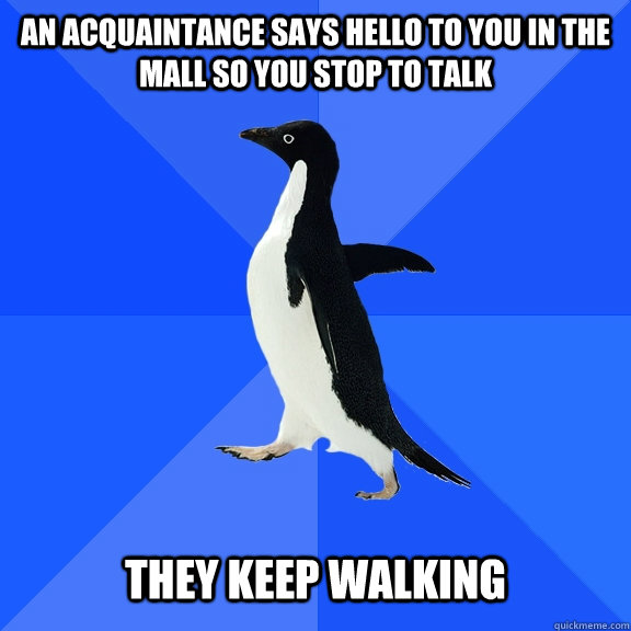 An acquaintance says hello to you in the mall so you stop to talk They keep walking  Socially Awkward Penguin