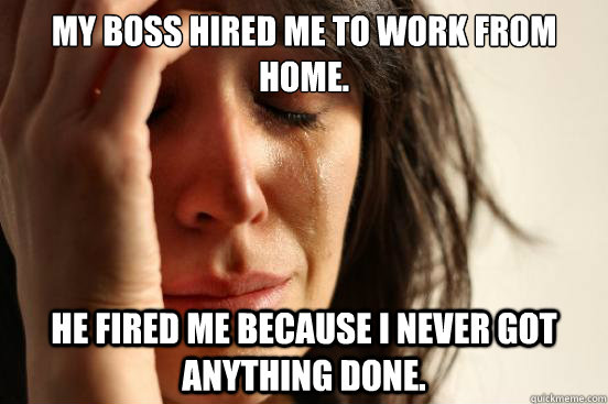 My boss hired me to work from home. He fired me because I never got anything done.  First World Problems