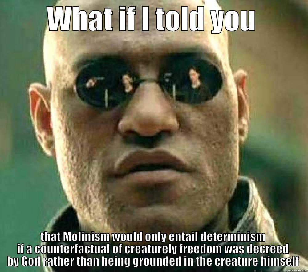 WHAT IF I TOLD YOU THAT MOLINISM WOULD ONLY ENTAIL DETERMINISM IF A COUNTERFACTUAL OF CREATURELY FREEDOM WAS DECREED BY GOD RATHER THAN BEING GROUNDED IN THE CREATURE HIMSELF Misc