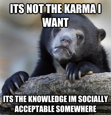 its not the karma i want its the knowledge im socially acceptable somewhere - its not the karma i want its the knowledge im socially acceptable somewhere  Confession Bear