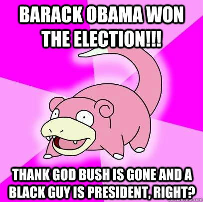 Barack obama won the election!!! thank god bush is gone and a black guy is president, right?  Slowpoke