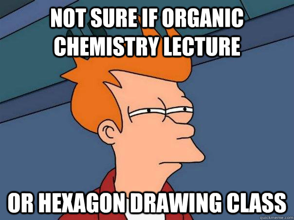 Not sure if Organic Chemistry Lecture Or hexagon drawing class  Futurama Fry