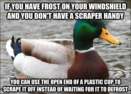 If you have frost on your windshield and you don't have a scraper handy You can use the open end of a plastic cup to scrape it off instead of waiting for it to defrost  Actual Advice Mallard