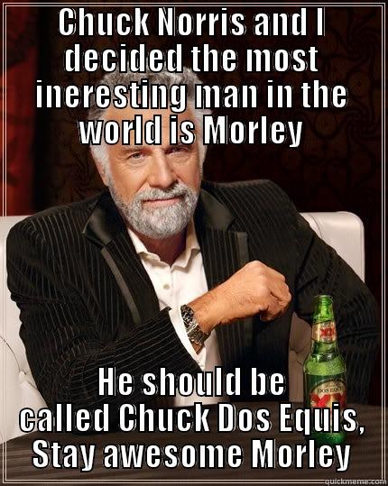 CHUCK NORRIS AND I DECIDED THE MOST INERESTING MAN IN THE WORLD IS MORLEY HE SHOULD BE CALLED CHUCK DOS EQUIS, STAY AWESOME MORLEY The Most Interesting Man In The World
