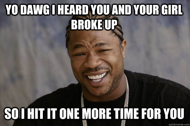 YO DAWG I HEARD YOU AND YOUR GIRL BROKE UP SO I HIT IT ONE MORE TIME FOR YOU  Xzibit meme