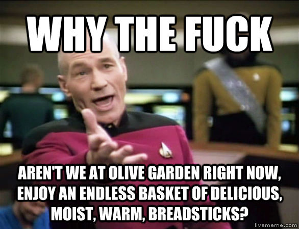 WHY THE FUCK AREN'T WE AT OLIVE GARDEN RIGHT NOW, ENJOY AN ENDLESS BASKET OF DELICIOUS, MOIST, WARM, BREADSTICKS? - WHY THE FUCK AREN'T WE AT OLIVE GARDEN RIGHT NOW, ENJOY AN ENDLESS BASKET OF DELICIOUS, MOIST, WARM, BREADSTICKS?  Annoyed Picard HD