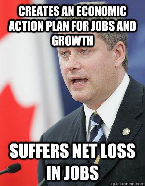 Creates an economic action plan for jobs and growth suffers net loss in jobs  Stephen Harper