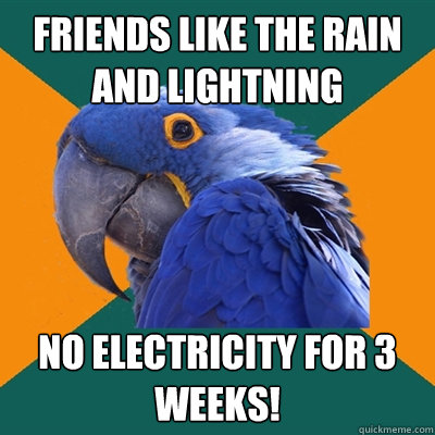 friends like the rain and lightning no electricity for 3 weeks!  Paranoid Parrot
