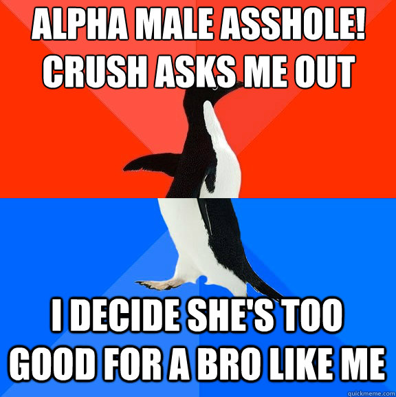 alpha male asshole!
crush asks me out i decide she's too good for a bro like me  Socially Awesome Awkward Penguin
