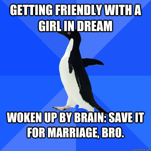 Getting Friendly with a Girl in Dream woken up by brain: save it for marriage, bro.  Socially Awkward Penguin