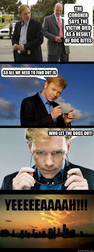 The coroner says the victim died as a result of dog bites so all we need to find out is who let the dogs out! - The coroner says the victim died as a result of dog bites so all we need to find out is who let the dogs out!  Horatio Caine