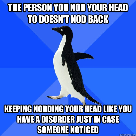 The person you nod your head to doesn't nod back keeping nodding your head like you have a disorder just in case someone noticed  Socially Awkward Penguin