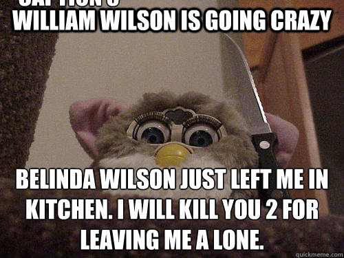 William Wilson is going crazy Belinda Wilson just left me in Kitchen. I will kill you 2 for leaving me a lone. Caption 3 goes here - William Wilson is going crazy Belinda Wilson just left me in Kitchen. I will kill you 2 for leaving me a lone. Caption 3 goes here  Not so evil Furby