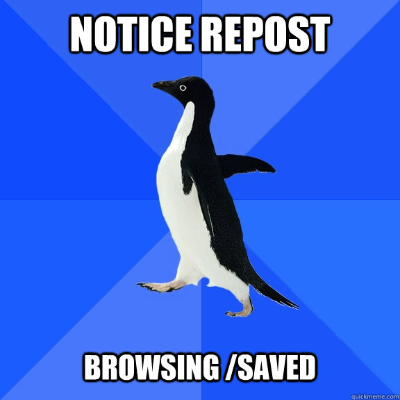 NOTICE REPOST   BROWSING /SAVED  Socially Awkward Penguin
