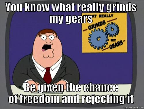YOU KNOW WHAT REALLY GRINDS MY GEARS BE GIVEN THE CHANCE OF FREEDOM AND REJECTING IT Grinds my gears