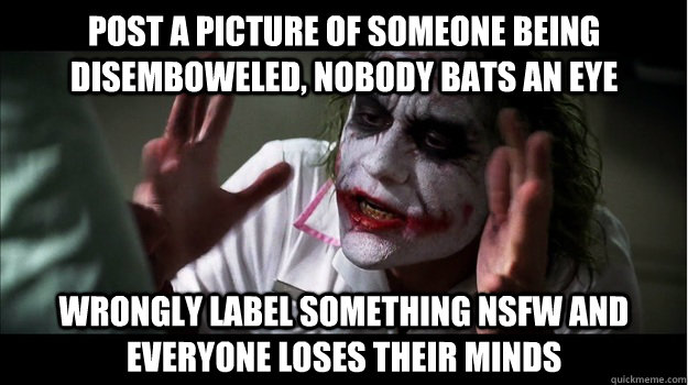 post a picture of someone being disemboweled, nobody bats an eye wrongly label something nsfw and everyone loses their minds  Joker Mind Loss
