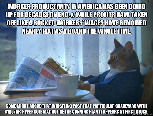 Worker productivity in America has been going up for decades on end, & while profits have taken off like a rocket, workers’ wages have remained nearly flat as a board the whole time.

 

Some might argue that whistling past that particular graveyard - Worker productivity in America has been going up for decades on end, & while profits have taken off like a rocket, workers’ wages have remained nearly flat as a board the whole time.

 

Some might argue that whistling past that particular graveyard  The One Percent Cat