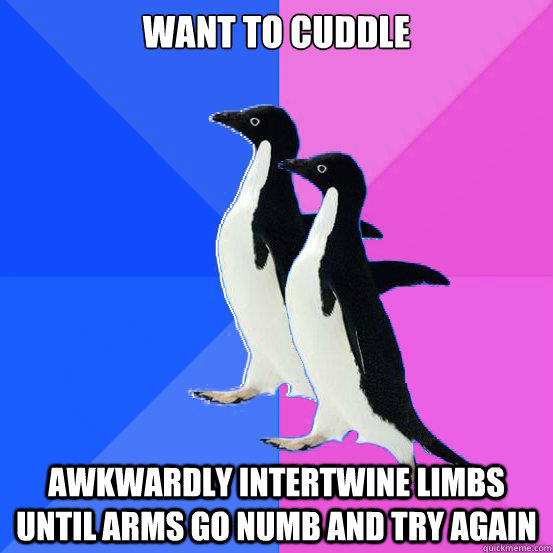 Want to cuddle  Awkwardly intertwine limbs until arms go numb and try again  Socially Awkward Couple