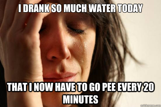 I drank so much water today that i now have to go pee every 20 minutes  First World Problems