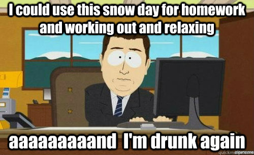 I could use this snow day for homework and working out and relaxing aaaaaaaaand  I'm drunk again  anditsgone