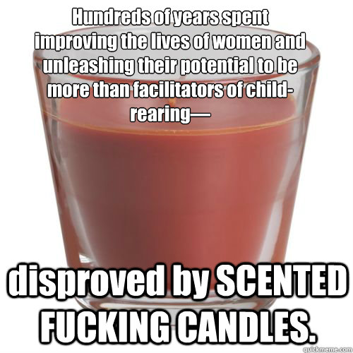 Hundreds of years spent improving the lives of women and unleashing their potential to be more than facilitators of child-rearing— disproved by SCENTED FUCKING CANDLES. - Hundreds of years spent improving the lives of women and unleashing their potential to be more than facilitators of child-rearing— disproved by SCENTED FUCKING CANDLES.  Scenty the frakking candle
