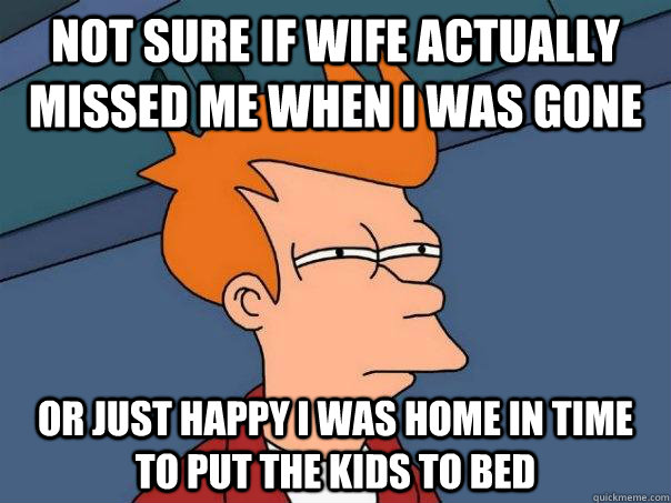 Not sure if wife actually missed me when I was gone Or just happy i was home in time to put the kids to bed  Futurama Fry
