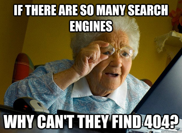 If there are so many search engines Why can't they find 404?  Grandma finds the Internet