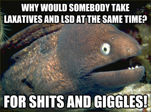 why would somebody take laxatives and LSD at the same time? For shits and giggles! - why would somebody take laxatives and LSD at the same time? For shits and giggles!  Bad Joke Eel