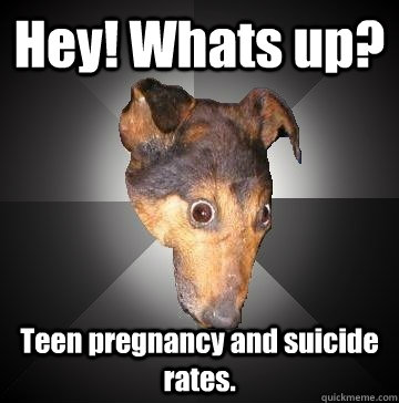 Hey! Whats up? Teen pregnancy and suicide rates.  Depression Dog