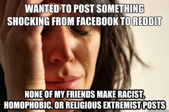 Wanted to post something shocking from facebook to reddit None of my friends make racist, homophobic, or religious extremist posts  First World Problems