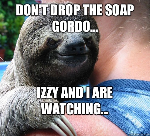 Don't drop the soap Gordo... Izzy and I are watching...
  Suspiciously Evil Sloth