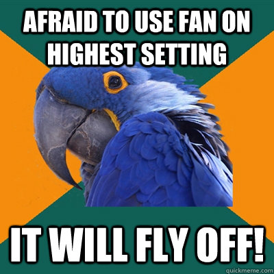 Afraid to use fan on highest setting IT WILL Fly OFF!  Paranoid Parrot