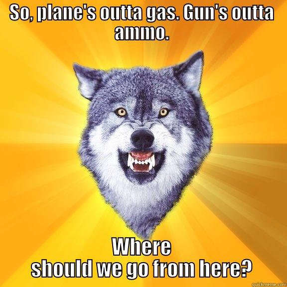 SO, PLANE'S OUTTA GAS. GUN'S OUTTA AMMO. WHERE SHOULD WE GO FROM HERE? Courage Wolf