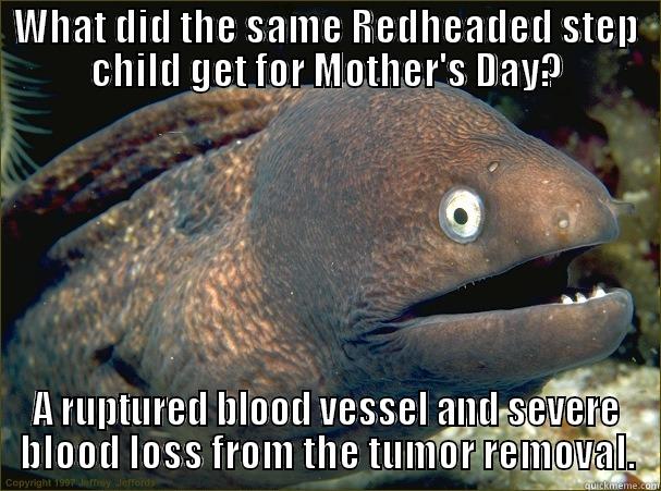 WHAT DID THE SAME REDHEADED STEP CHILD GET FOR MOTHER'S DAY? A RUPTURED BLOOD VESSEL AND SEVERE BLOOD LOSS FROM THE TUMOR REMOVAL. Bad Joke Eel