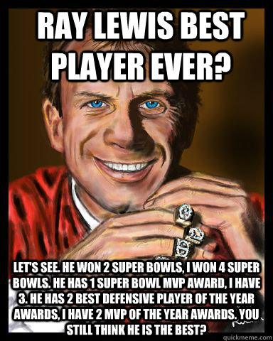 Ray Lewis best player ever? Let's see. He won 2 super bowls, i won 4 super bowls. He has 1 super bowl MVp award, i have 3. He has 2 best defensive player of the year awards, i have 2 Mvp of the year awards. You still think he is the best?  Joe Montana