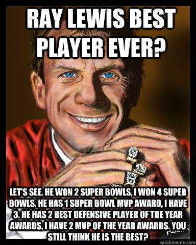 Ray Lewis best player ever? Let's see. He won 2 super bowls, i won 4 super bowls. He has 1 super bowl MVp award, i have 3. He has 2 best defensive player of the year awards, i have 2 Mvp of the year awards. You still think he is the best? - Ray Lewis best player ever? Let's see. He won 2 super bowls, i won 4 super bowls. He has 1 super bowl MVp award, i have 3. He has 2 best defensive player of the year awards, i have 2 Mvp of the year awards. You still think he is the best?  Joe Montana