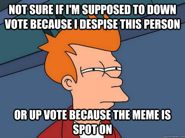 Not sure if i'm supposed to down vote because I despise this person  Or up vote because the meme is spot on  Futurama Fry