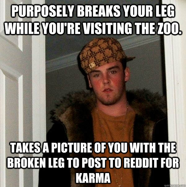 Purposely breaks your leg while you're visiting the zoo. Takes a picture of you with the broken leg to post to reddit for karma  Scumbag Steve