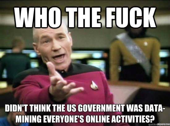 Who the fuck Didn't think the US government was data-mining everyone's online activities?  Annoyed Picard HD