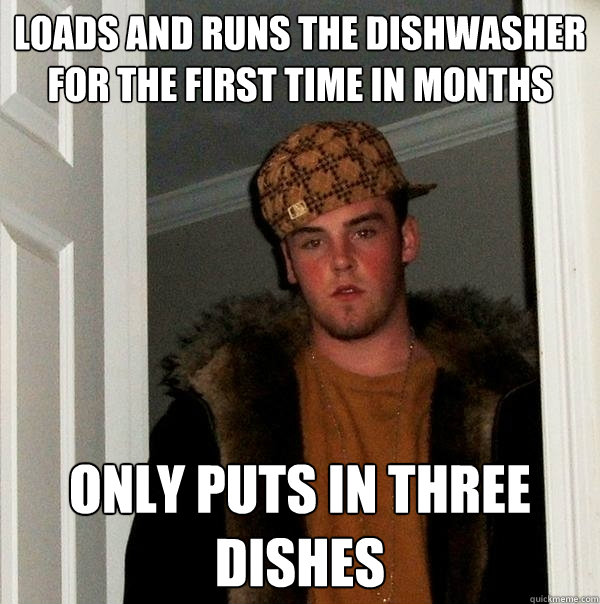 Loads and runs the dishwasher for the first time in months Only puts in three dishes  Scumbag Steve