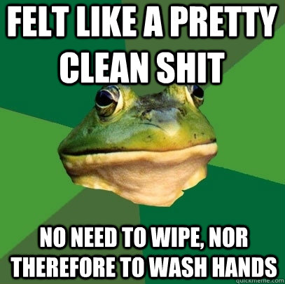 felt like a pretty clean shit no need to wipe, nor therefore to wash hands  Foul Bachelor Frog