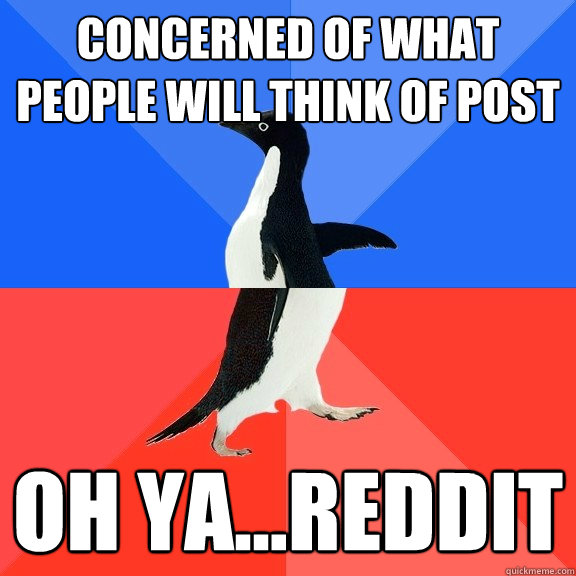 concerned of what people will think of post oh ya...reddit  Socially Awkward Awesome Penguin