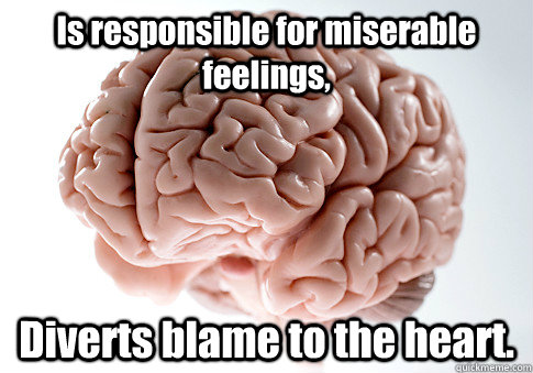Is responsible for miserable feelings, Diverts blame to the heart.   Scumbag Brain