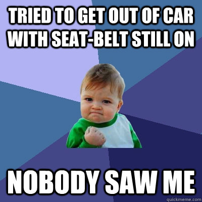 Tried to get out of car with seat-belt still on nobody saw me  Success Kid