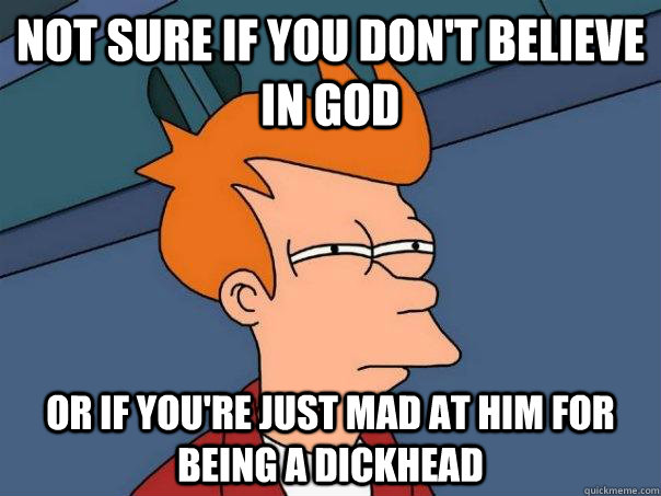 not sure if you don't believe in god or if you're just mad at him for being a dickhead - not sure if you don't believe in god or if you're just mad at him for being a dickhead  Futurama Fry